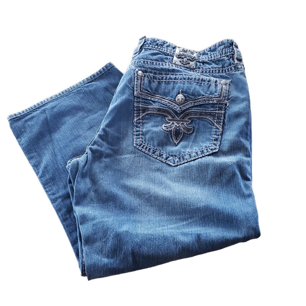 Mens Rock Revival Jeans "Marek" Leather Inserts Relaxed Straight 44 x 28